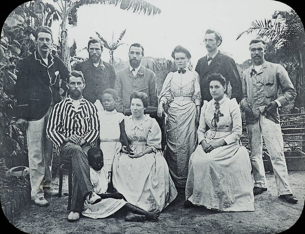 A small group of missionaries from the Congo Balolo Mission in 1891. The group comprises nine smartly dressed men and women