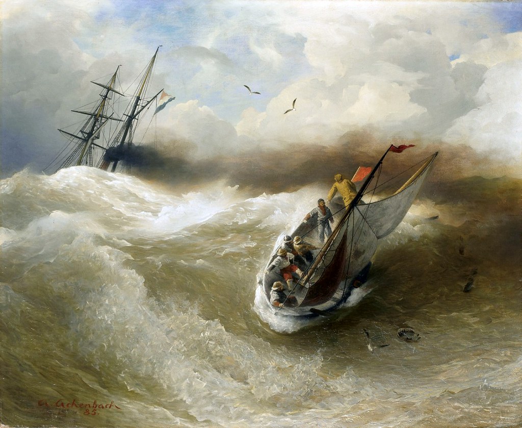 Boats in Stormy Sea by Andreas Achenbach - 1885