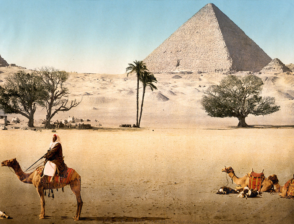Resting Bedouins and the Grand Pyramid, Cairo, Egypt