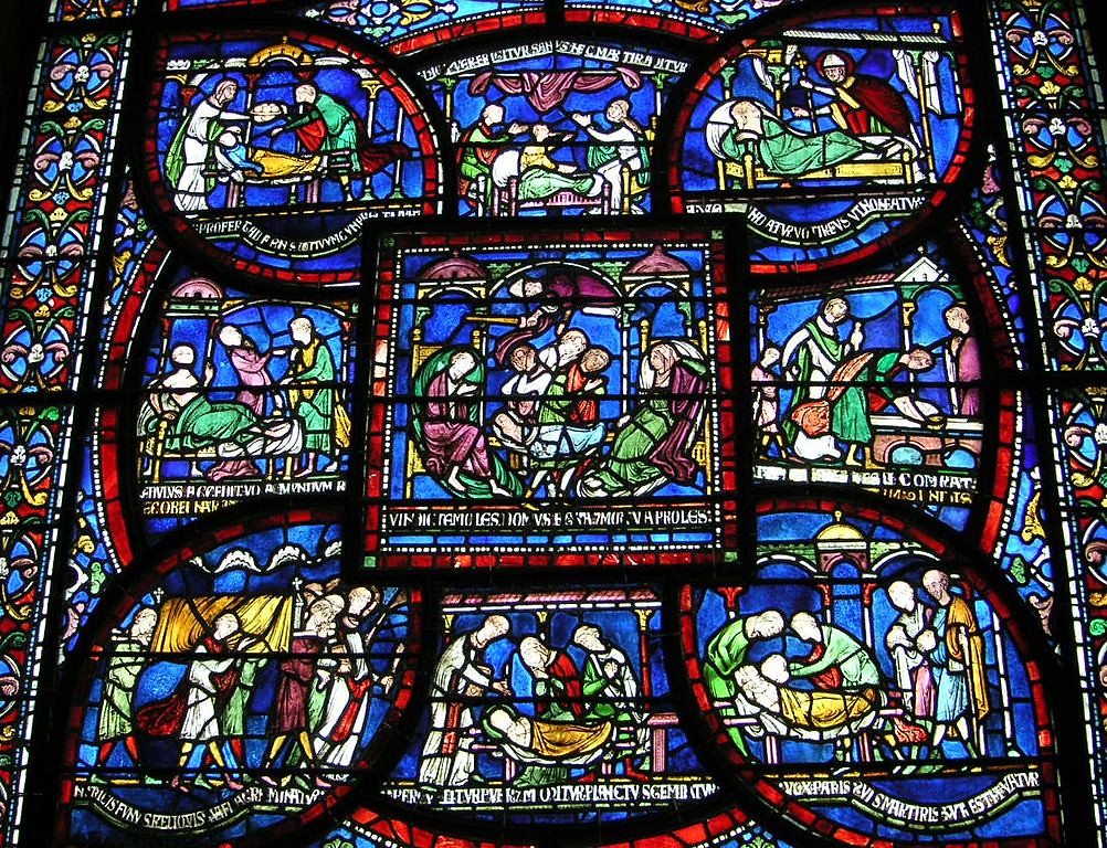 Canterbury Cathedral- stained glass window- detail showing miracles of healing