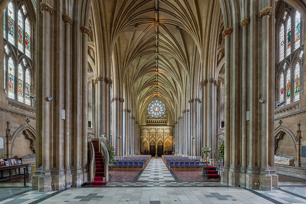 The nave of Bristol Cathedral looking west towards the entrance. Credit: David Iliff