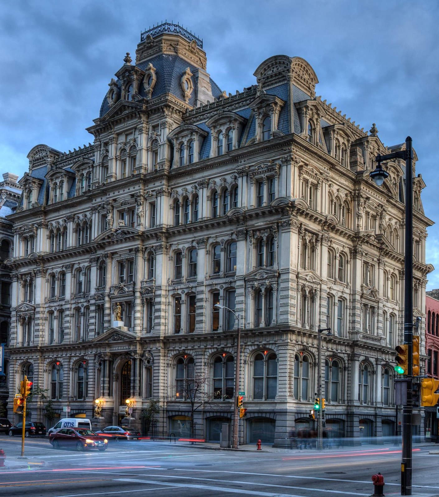 A square-based domes tops the Mitchell Building, an 1876 office building, Milwaukee, Wisconsin. Image credit Kenneth C. Zirkel