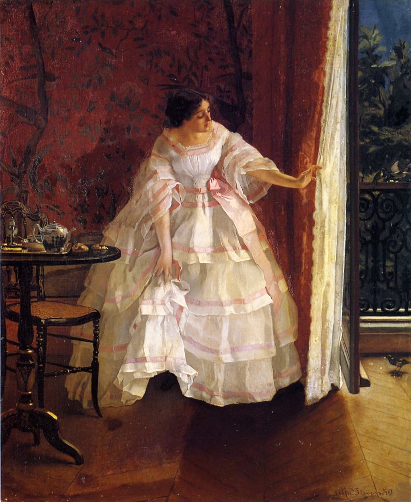 Lady at a Window Feeding Birds by Alfred Stevens, 1859