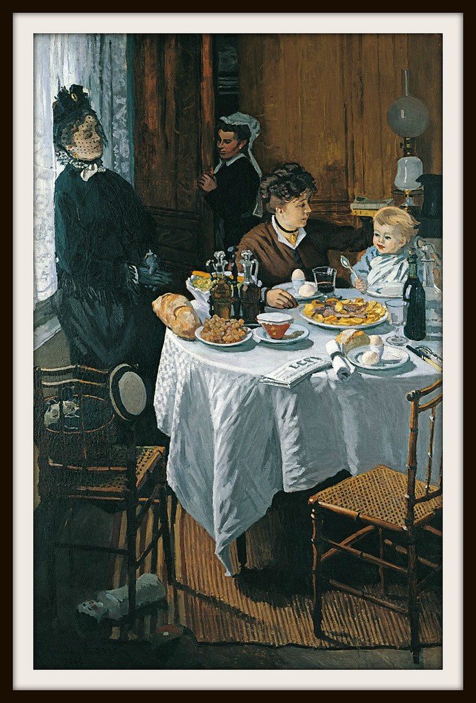 The Luncheon, 1868, Städel, which features Camille Doncieux and Jean Monet, was rejected by the Paris Salon of 1870 but included in the first Impressionists' exhibition in 1874. (97 in x 85 in)