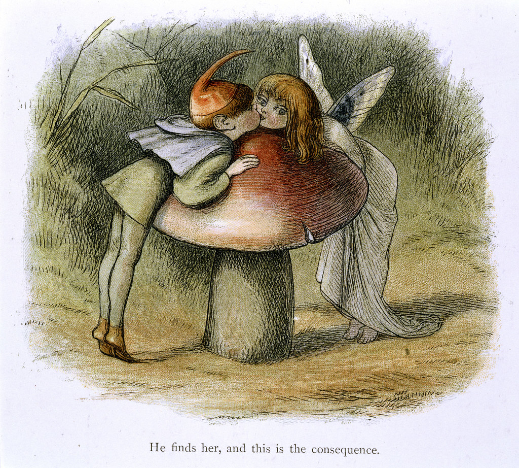 In Fairy Land A series of pictures from the elf-world by Richard Doyle With a poem by W Allingham - caption: 'An elf and a fairy kissing'.