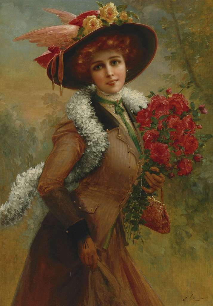 Elegant Lady with a Bouquet of Roses by Emile Vernon, Date unknown