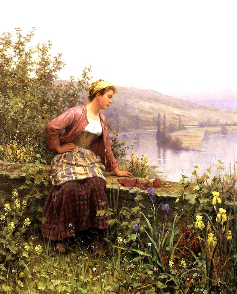 Brittany Girl Overlooking Stream by Daniel Ridgway Knight