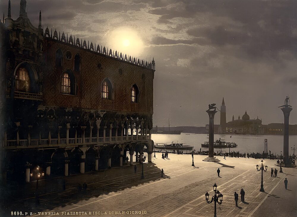 Piazzetta and San Georgio by moonlight, Venice, Italy