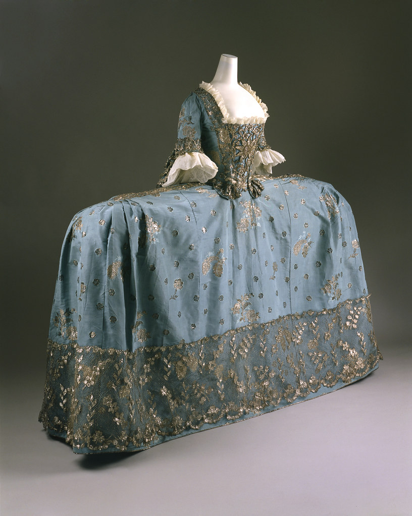 c. 1750. Court dress. British. Silk, metallic thread. metmuseum