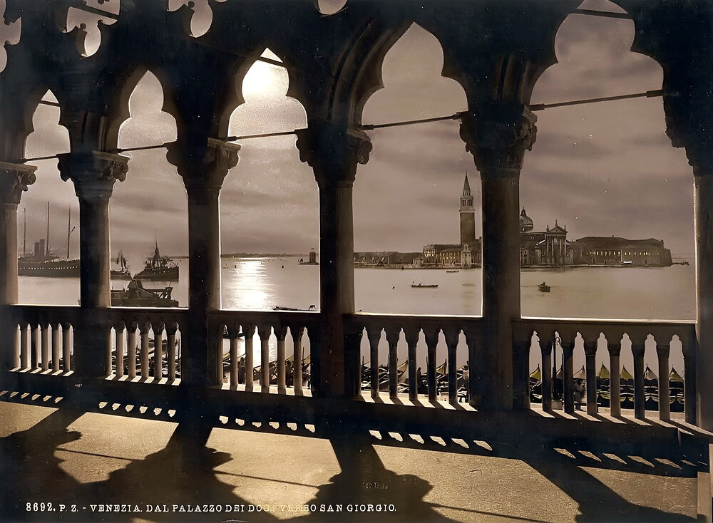 San Georgio from Doges' Palace by moonlight, Venice, Italy
