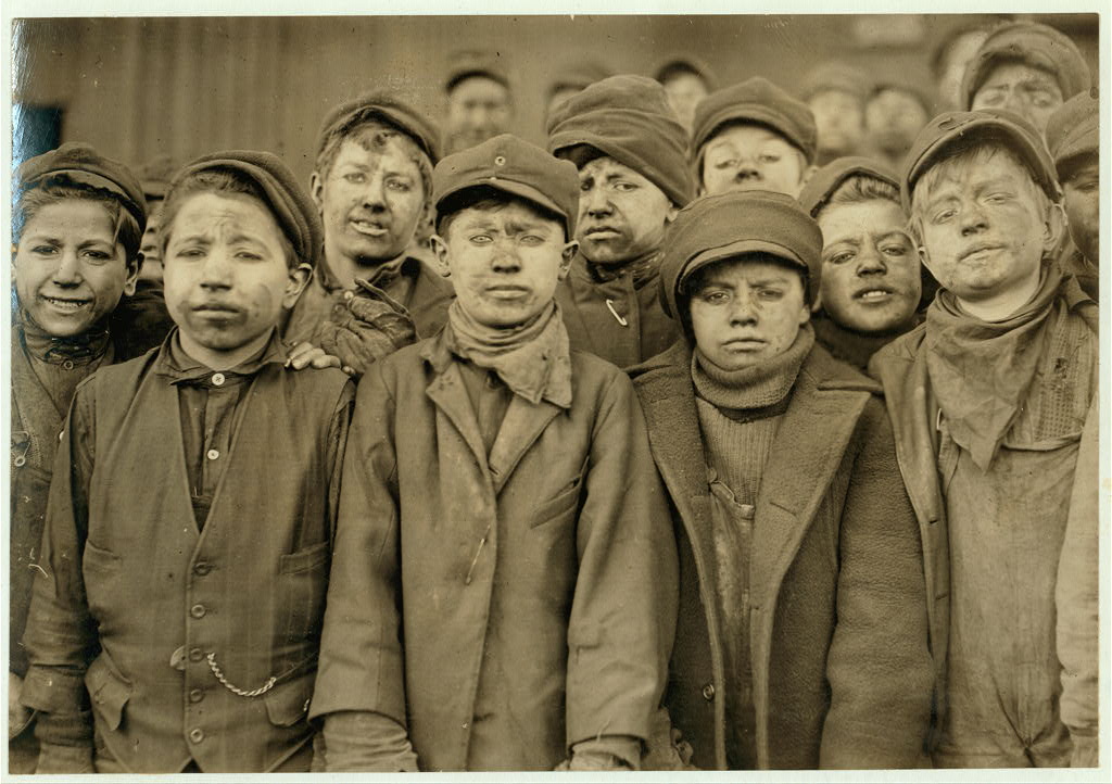 Breaker boys in #9 Breaker, Hughestown Borough, Pa. Coal Co. Smallest boy is Angelo Ross, (See labels #1953 + #1951.) Location: Pittston, Pennsylvania.