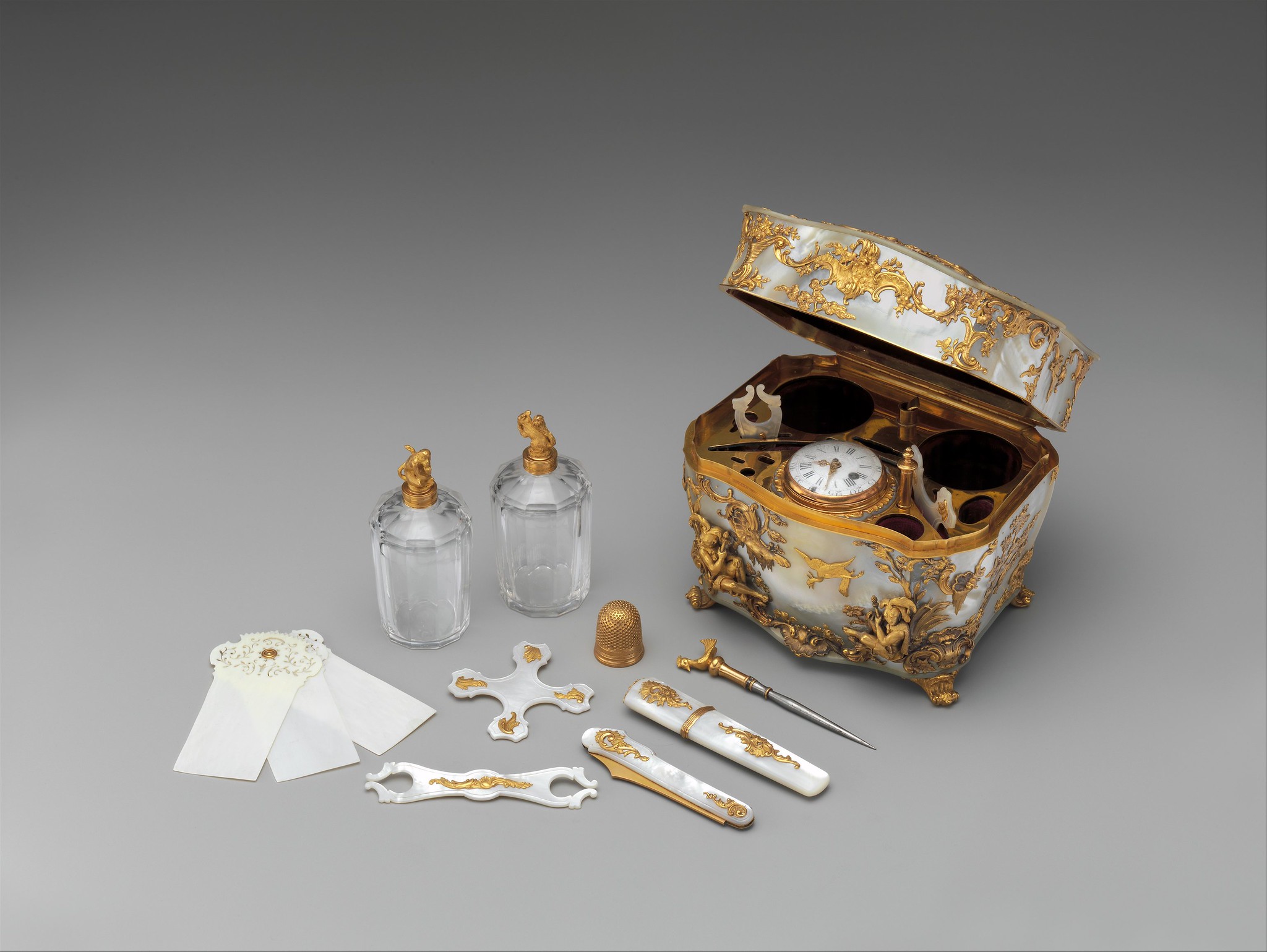 1745 Nécessaire with watch. German. Gold and mother-of-pearl, lined with dark-red velvet. metmuseum