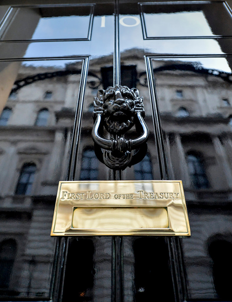 Front door, 10 Downing Street with lion door knocker