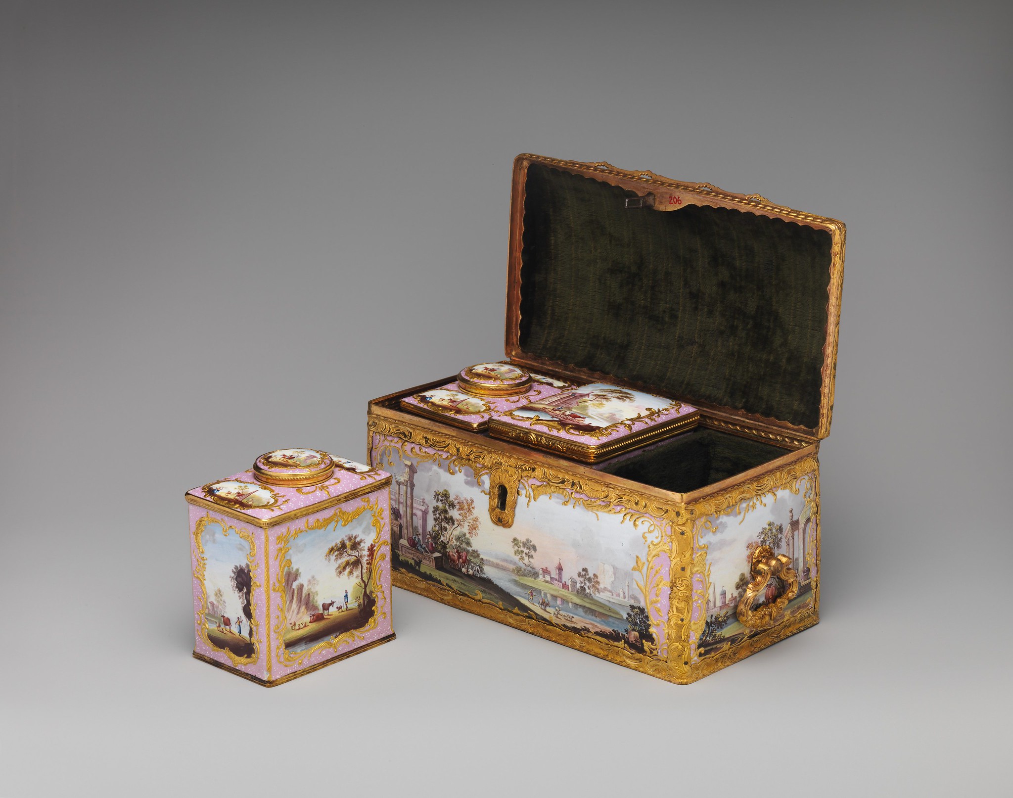 1770 Tea Casket, British, Staffordshire. White enamel on copper painted in polychrome enamels. metmuseum