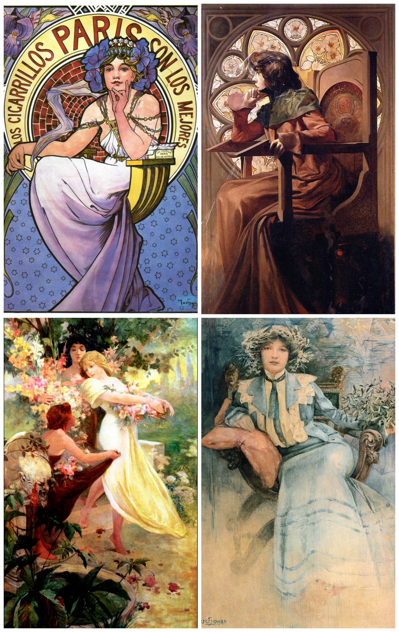 Los Cigarillos Paris, Portrait of Sarah Bernhardt, THe Spirit of Spring, Portrait of Mme. Mucha