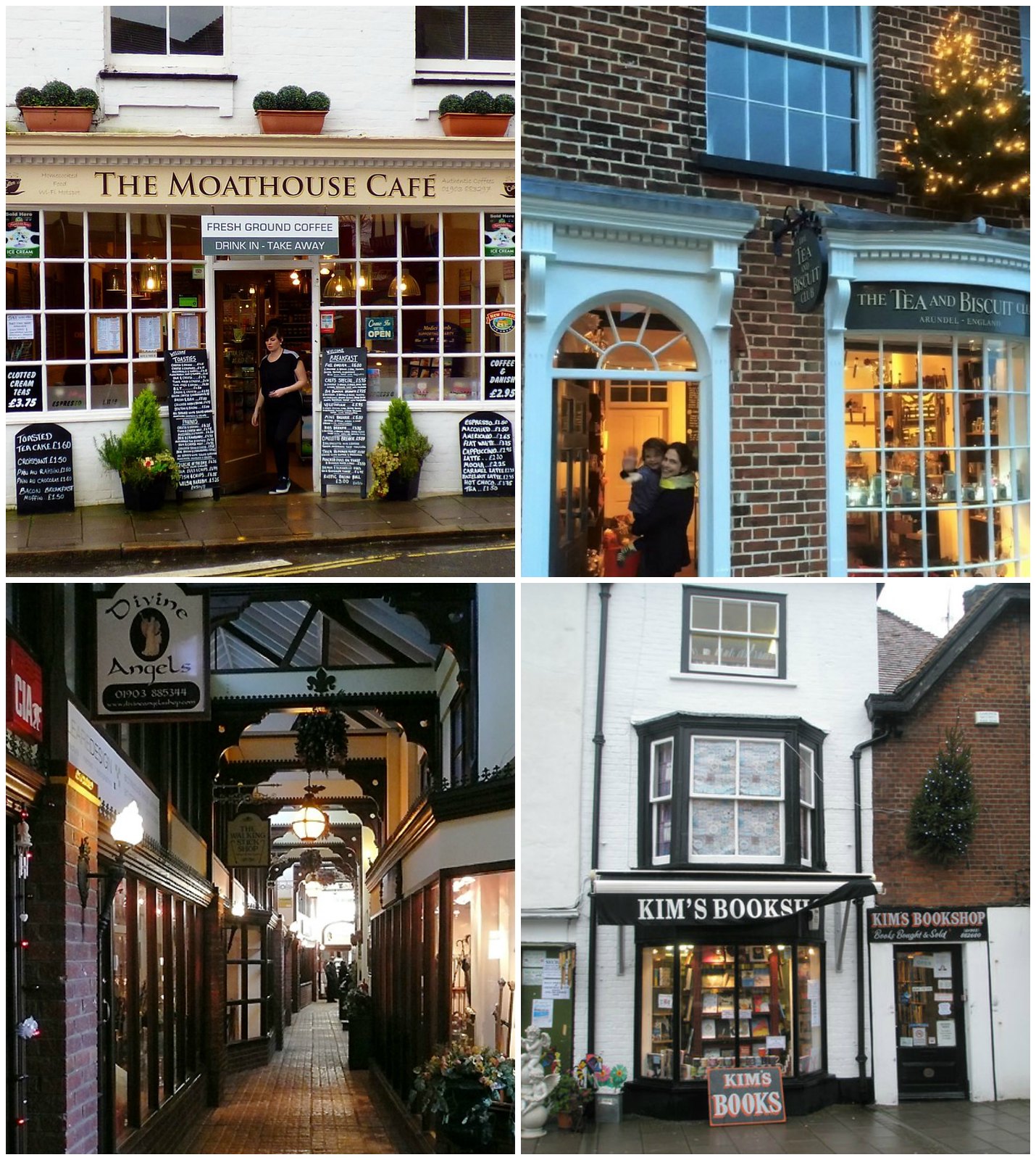 Top left clockwise: The Moathouse Cafe (credit grassrootsgrounds); The Tea and Biscuit Club; Shopping Arcade, Tarrant Street (credit Roger Kidd); Kim's Bookshop (credit Basher Eyre)