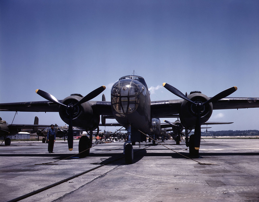 B-25 bombers on the outdoor assembly line at the North American Aviation plant in Kansas City, Kansas. Almost ready for their first test flight.