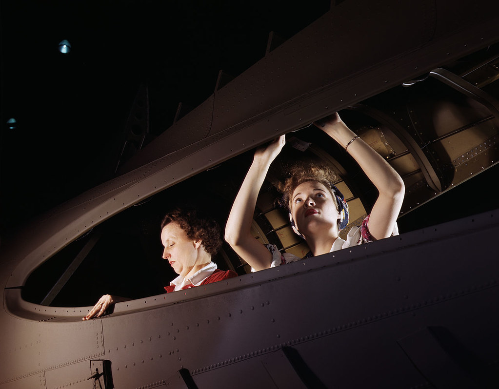 American mothers and sisters, like these women at the Douglas Aircraft Company, give important help in producing dependable planes for their men at the front, Long Beach, Calif. Most important of the many types of aircraft made at this plant are the B-17F