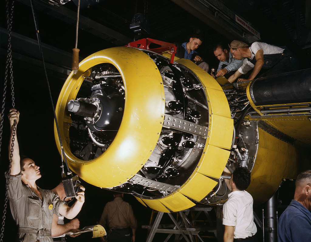 Mounting of a Wright R-2600 Cyclone engine on a North American B-25 Mitchell bomber, at North American Aviation, Inglewood, California (USA). The Wright R-2600 was the standard engine on the B-25.[1] Original description: "Mounting motor [on a] Fairfax B-25 bomber, at North American Aviation, Inc., plant in [Inglewood], Calif."
