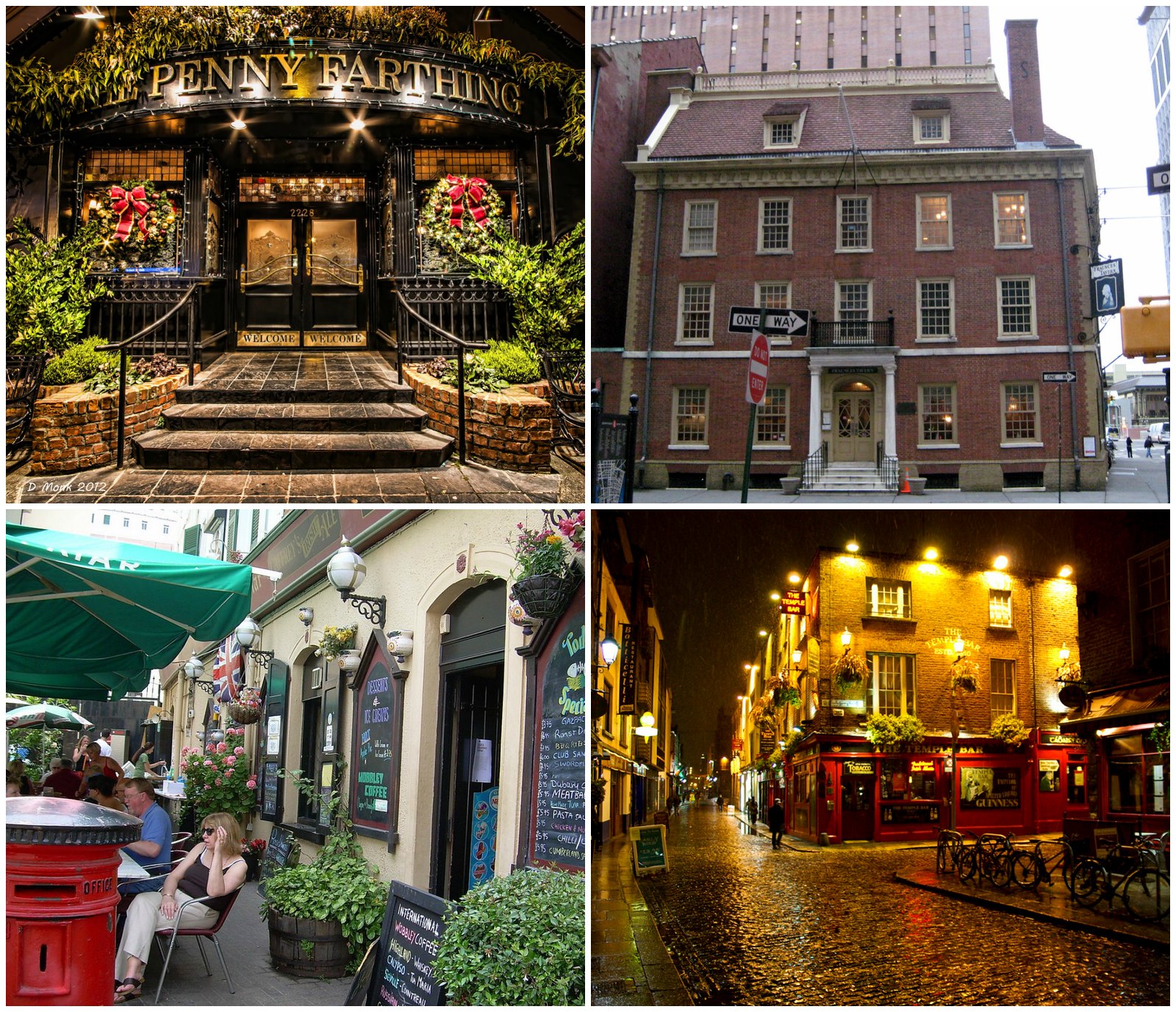 British-style pubs outside the UK. Top left: the Penny Farthing Pub, Oak Bay, B.C. (credit dvdmnk). Top right: Fraunces Tavern, New York City (credit Wally Gobetz). Bottom left: English Pub, Gibraltar (credit Allan Watt). Bottom right: Temple Bar Pub, Dublin, Ireland (Raphael Schon)