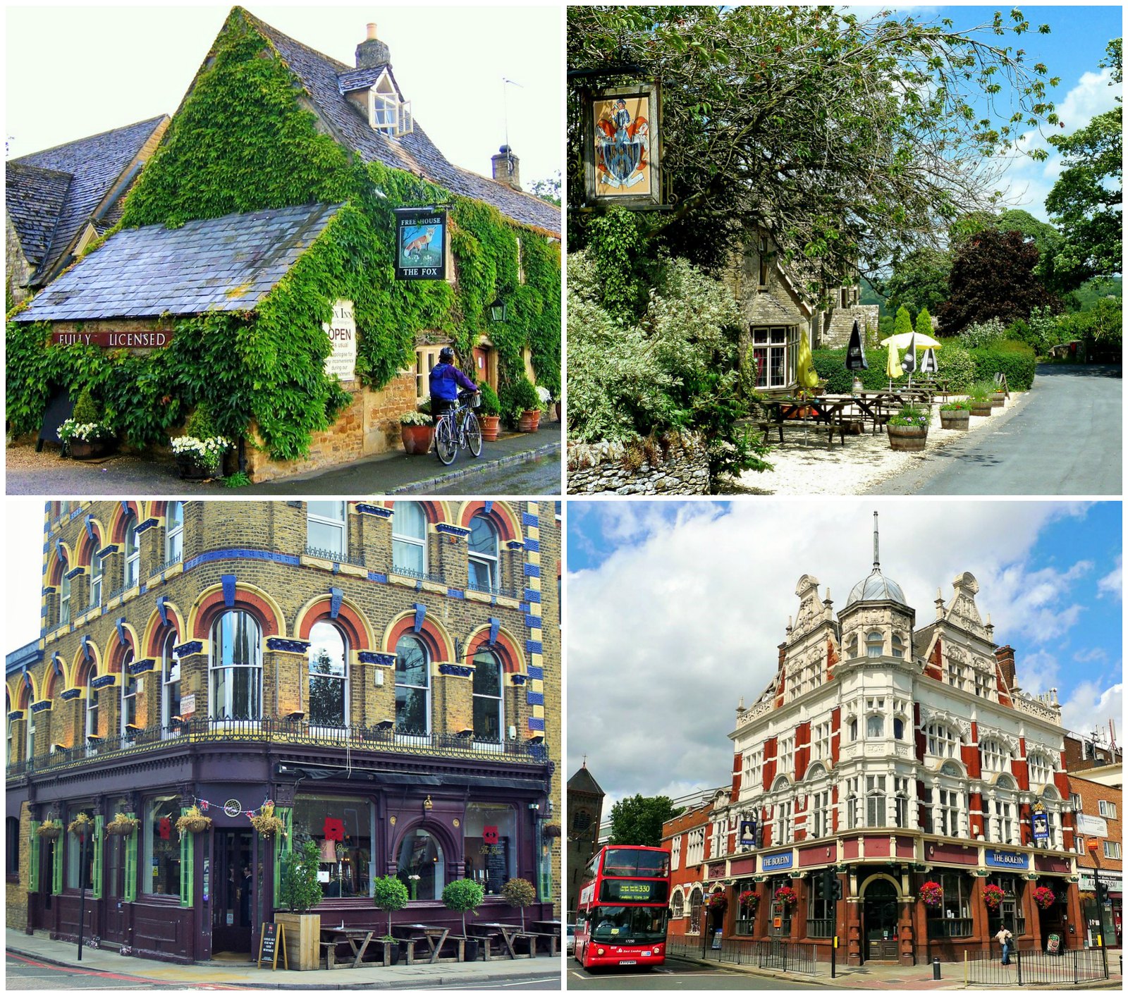 Clockwise from top left: The Fox Inn in Lower Oddington in the Cotswolds, image Credit JR P; Carpenter’s Arms Inn at Miserden, image credit Jason Ballard; The Rose, Vauxhall, London, image credit Adam Bruderer; The Boleyn at Upton Park, London, image Credit Ewan Munro