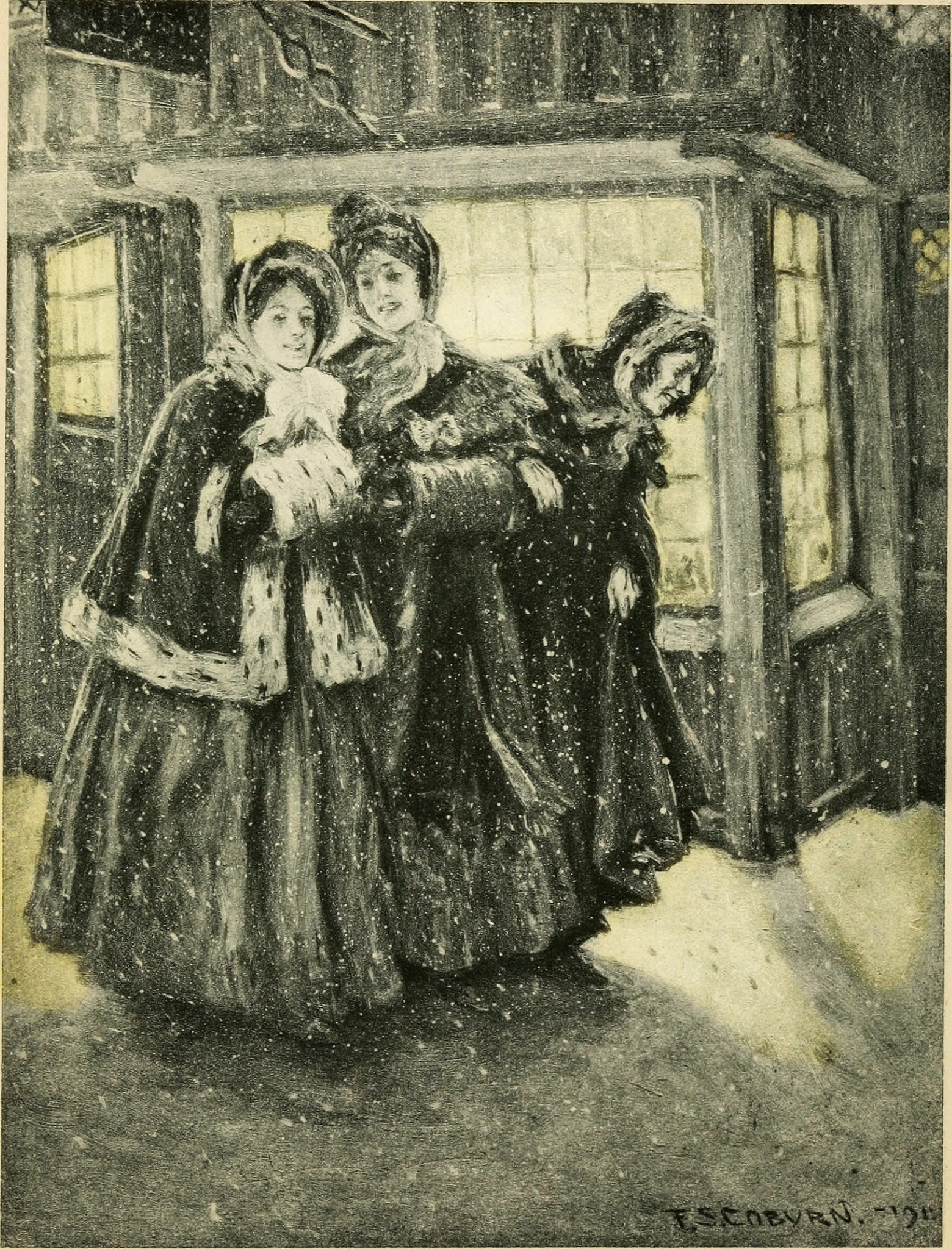 There a group of handsome girls, all hooded and fur-booted, and all chattering at once