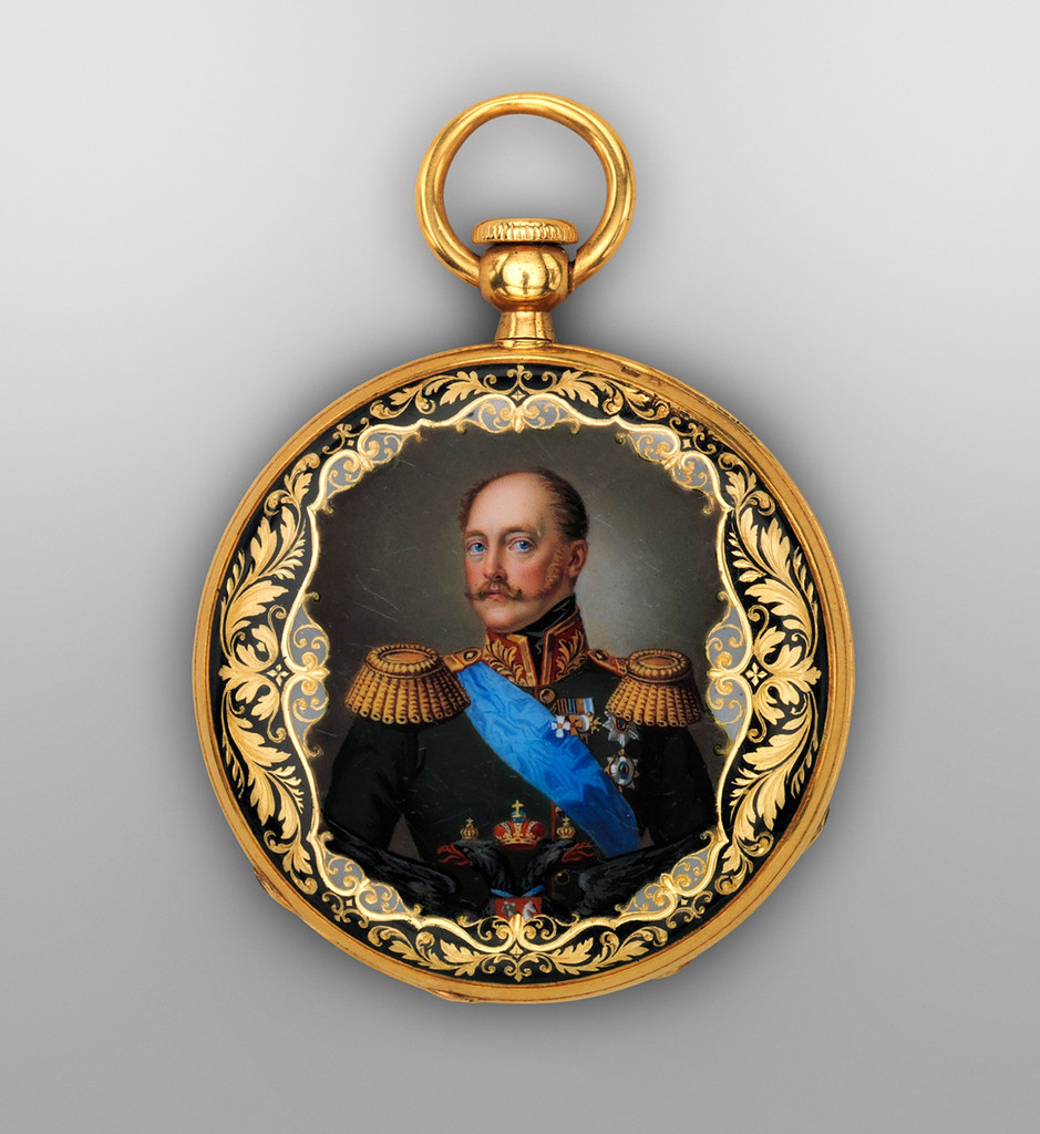 1850. Watch. Swiss, Geneva. Case partly enameled gold; Dial white enamel with gold hands; Movement gilded brass and steel. metmuseum