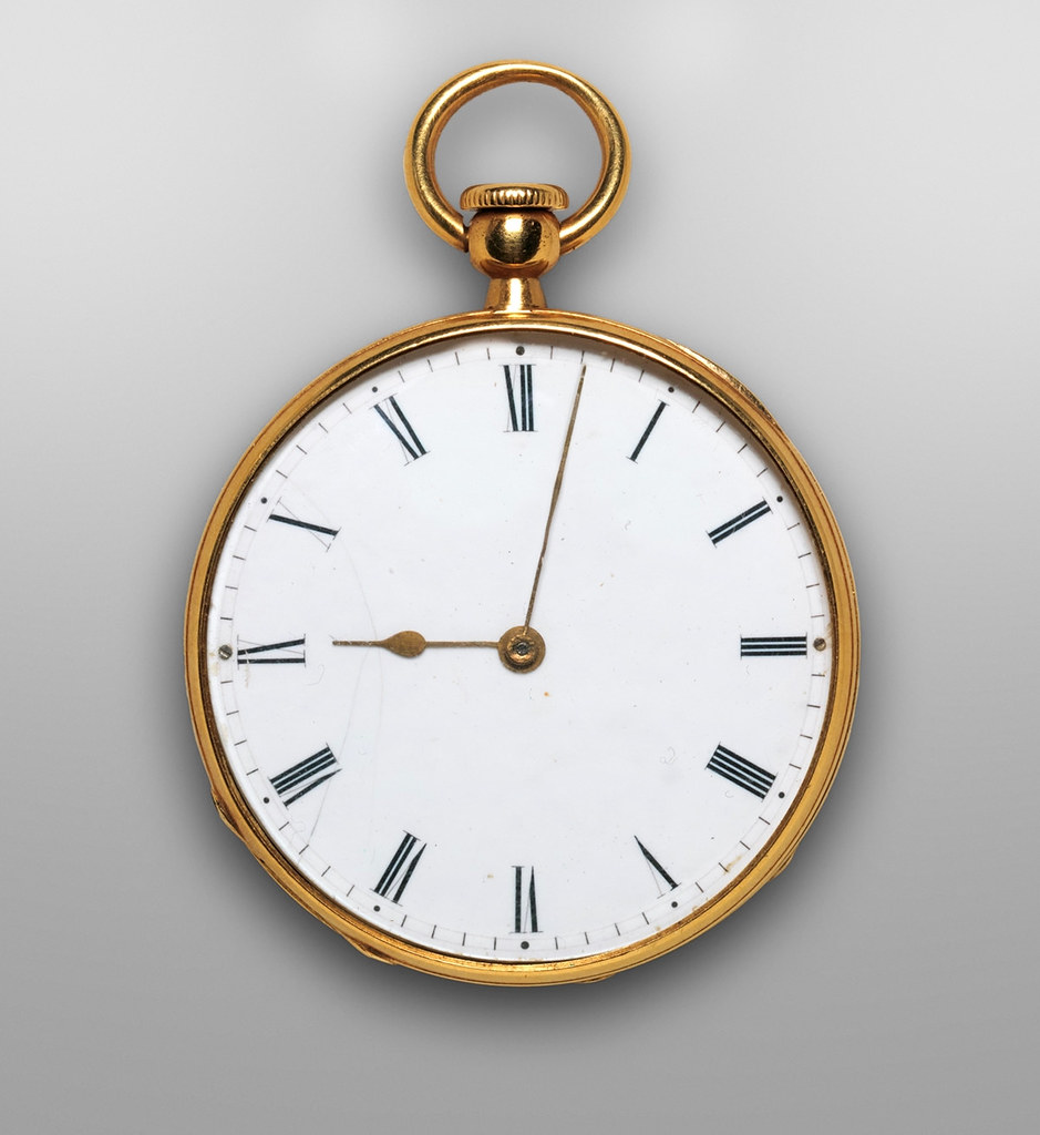 1850. Watch. Swiss, Geneva. Case partly enameled gold; Dial white enamel with gold hands; Movement gilded brass and steel. metmuseum