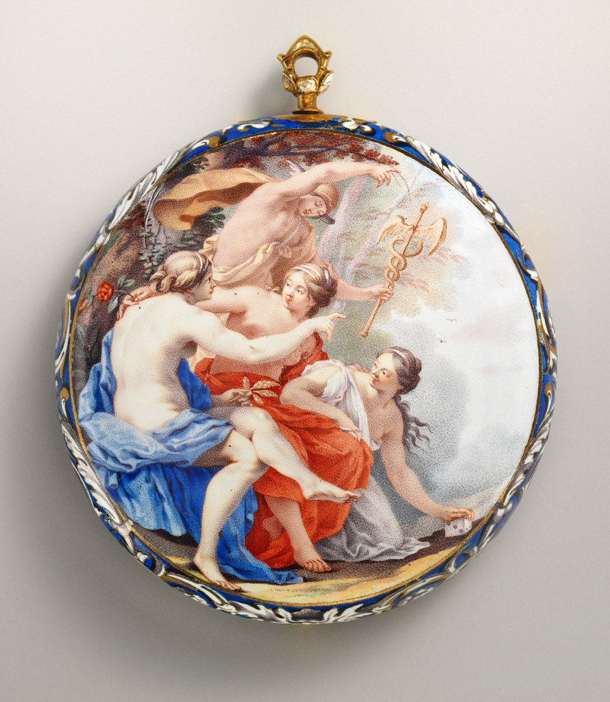 1645. Watch. French, probably Paris case with Dutch, The Hague watch. Case and dial enameled gold; Movement gilded brass and steel, partly blued. metmuseum