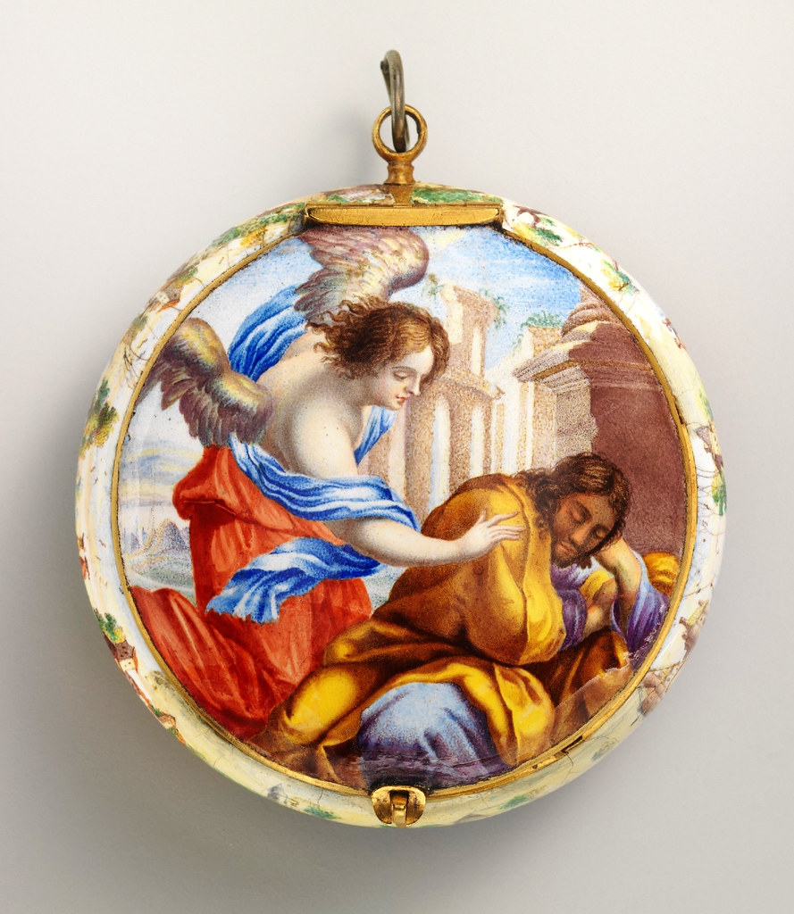 1645. Case and dial painted enamel on gold with brass hand; Movement gilded brass and partly blued steel. metmuseumFrench, probably Paris