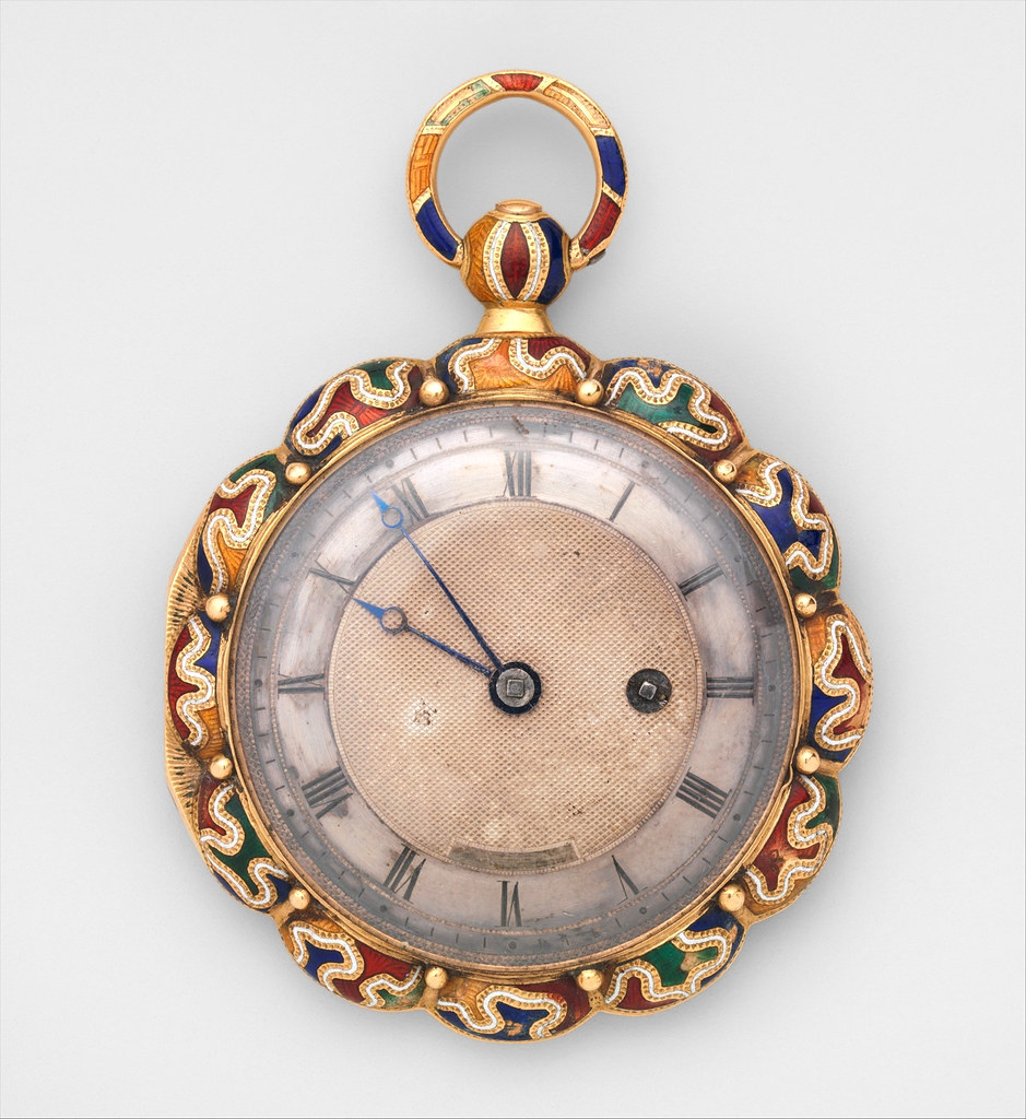 1825. Watch. Swiss, Geneva. Case of gold and enamel; jeweled movement, with cylinder escapement. metmuseum