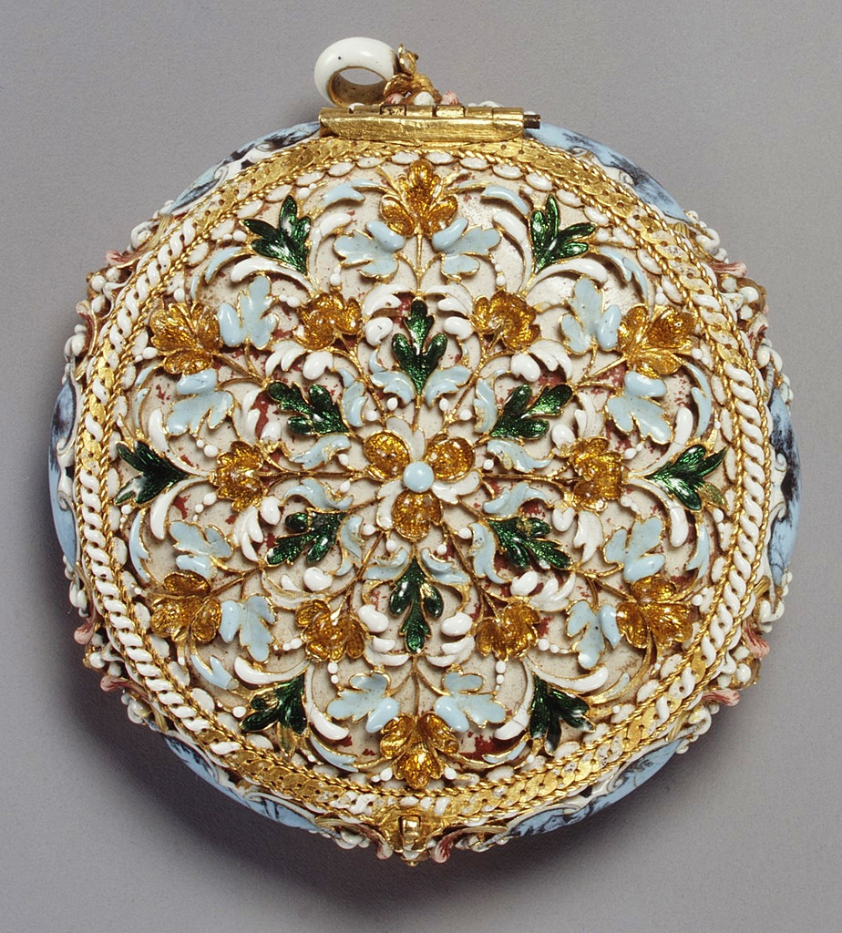 1645. Watch. Jacques Goullons. Case and dial of enameled gold; hand of steel; movement of brass, partly gilded, and steel. metmuseum