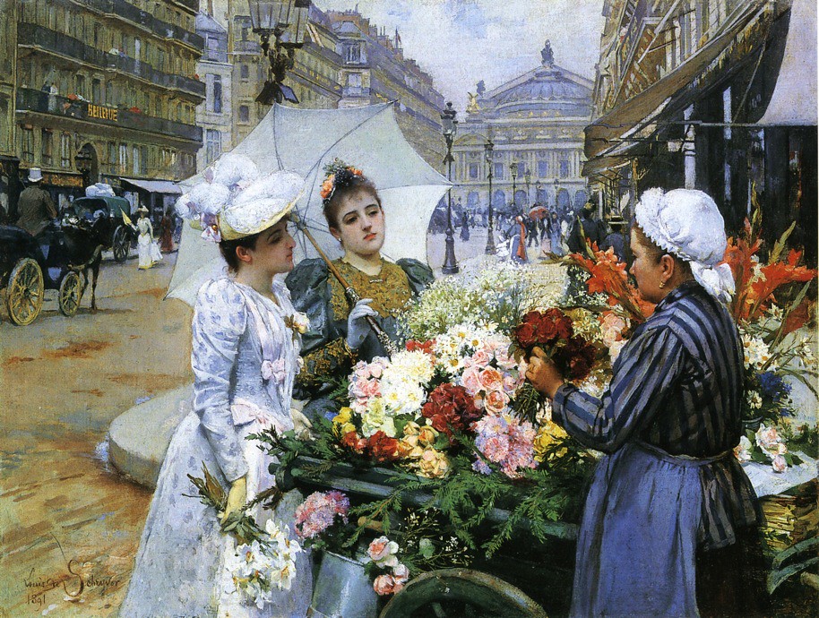 The Flower Seller, Avenue de L'Opera, Paris by Louis Marie de Schryver, 1891