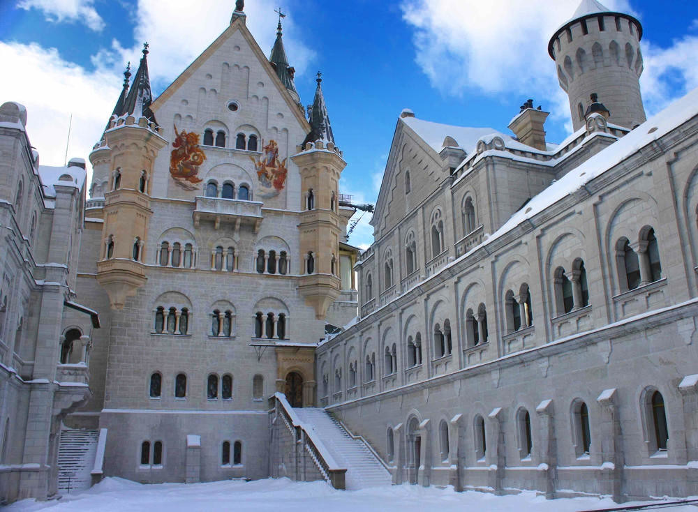 The upper castle courtyard of Neuschwanstein in winter. Credit Benreis