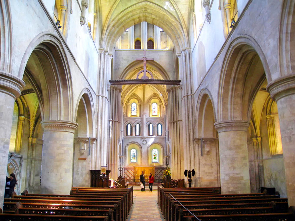 The nave facing east, the late Norman church of the Hospital of St Cross and Almshouse of Noble Poverty, Winchester. Credit Spencer Means, flickr