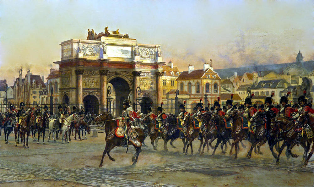 Napoleon and his staff reviewing the mounted chasseurs of the Imperial Guard by Francois Flameng