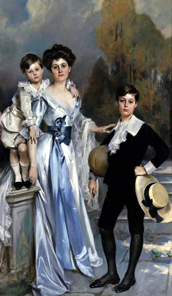 Portrait of a mother with her children in the garden by Francois Flameng