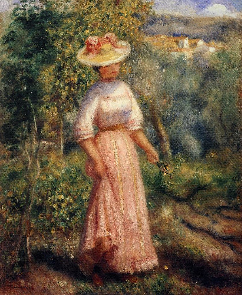 Young Woman in Red in the Fields by Pierre Auguste Renoir, 1900