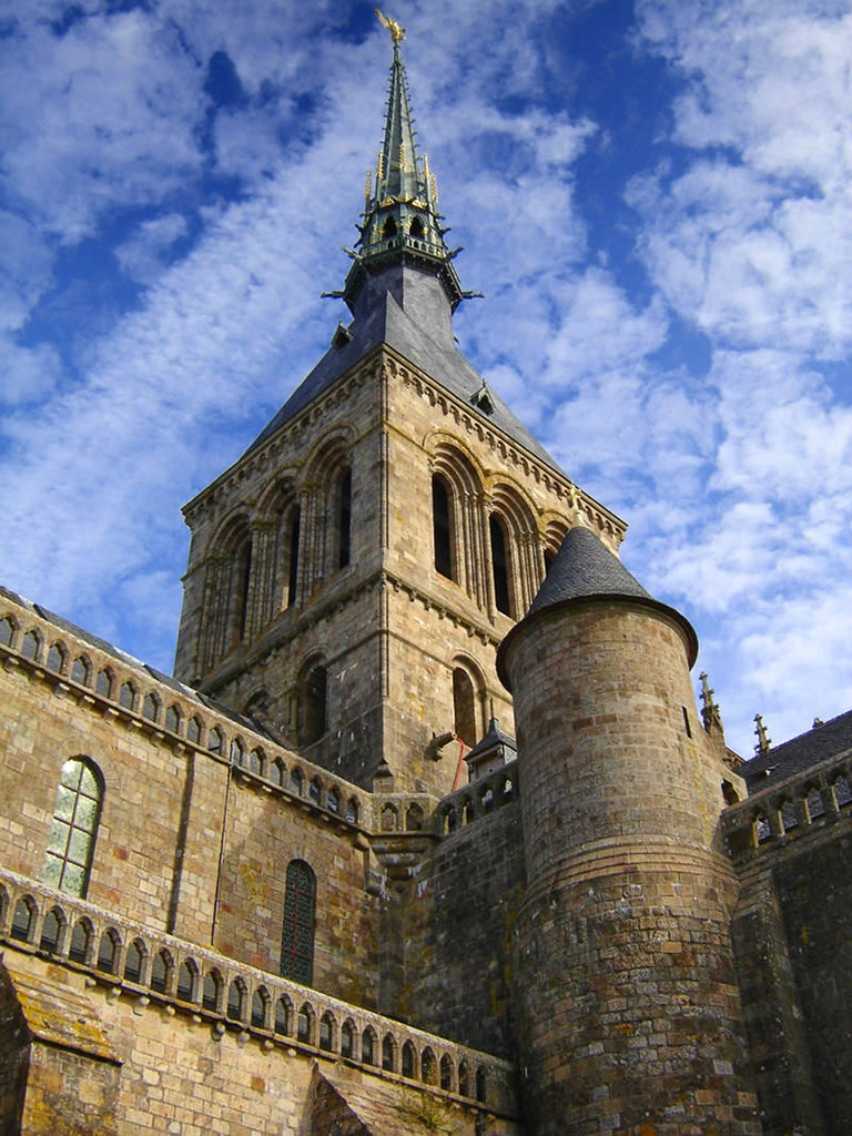 Spire of the abbey on Mont Saint-Michel in Normandy France