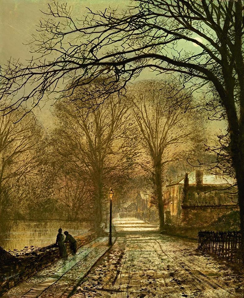 A moonlit country road by John Atkinson Grimshaw, 1877