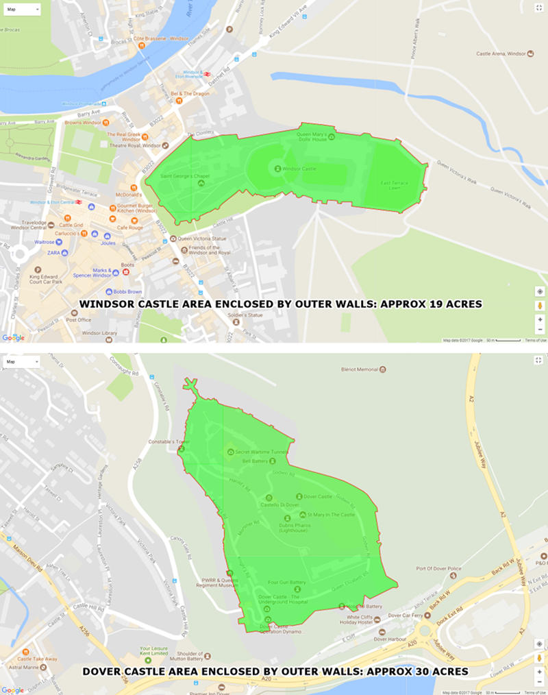 Area maps of Windsor Castle and Dover Castle compared