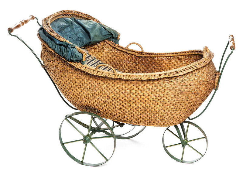 Pram with mattress and blanket that could be pushed or pulled c. 1866