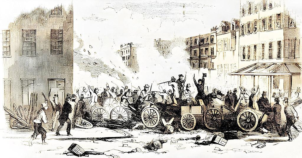 The Dead Rabbits Riot in 1857 on Bayard Street in the Five Points.