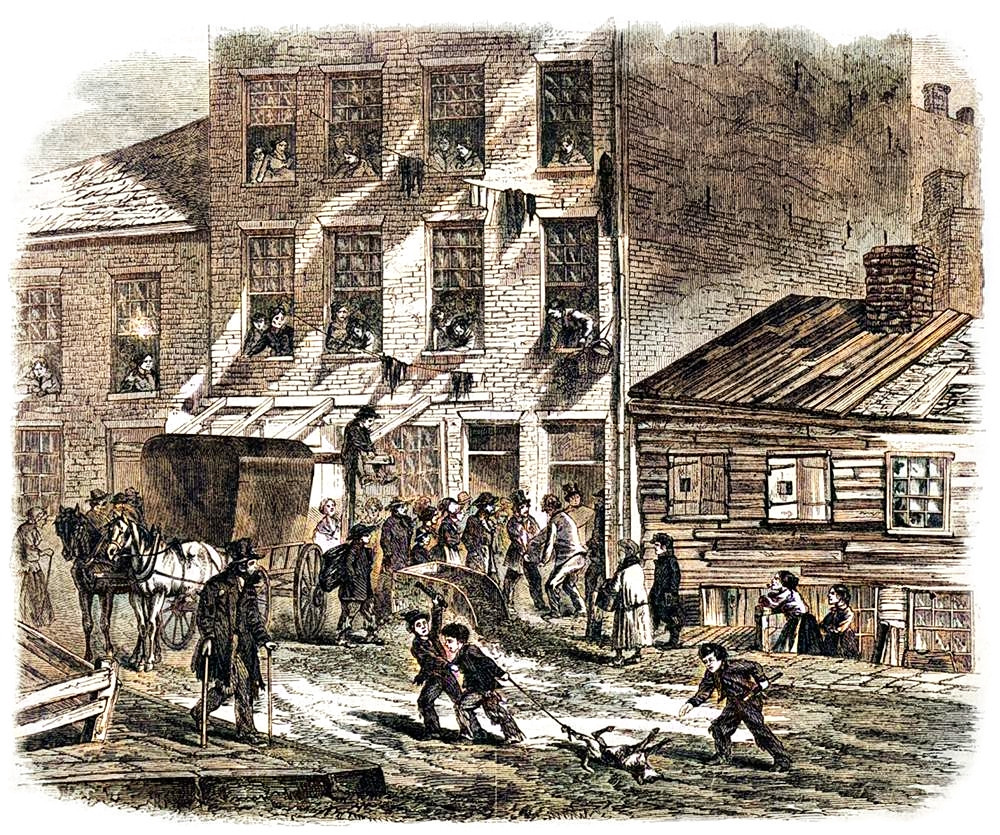 Group of people gathered outside tenement house in Baxter Street, Five Points, New York, watch men carry out a coffin