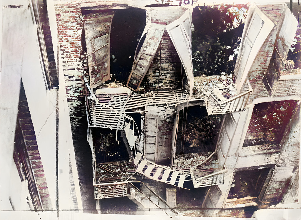 Damaged fire escape at the Triangle Shirtwaist Company after the 1911 fire