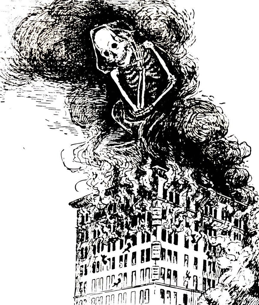 The spectre of Death rises with the smoke and flames of the burning Asch Building as people jump and fall to their death, 1911