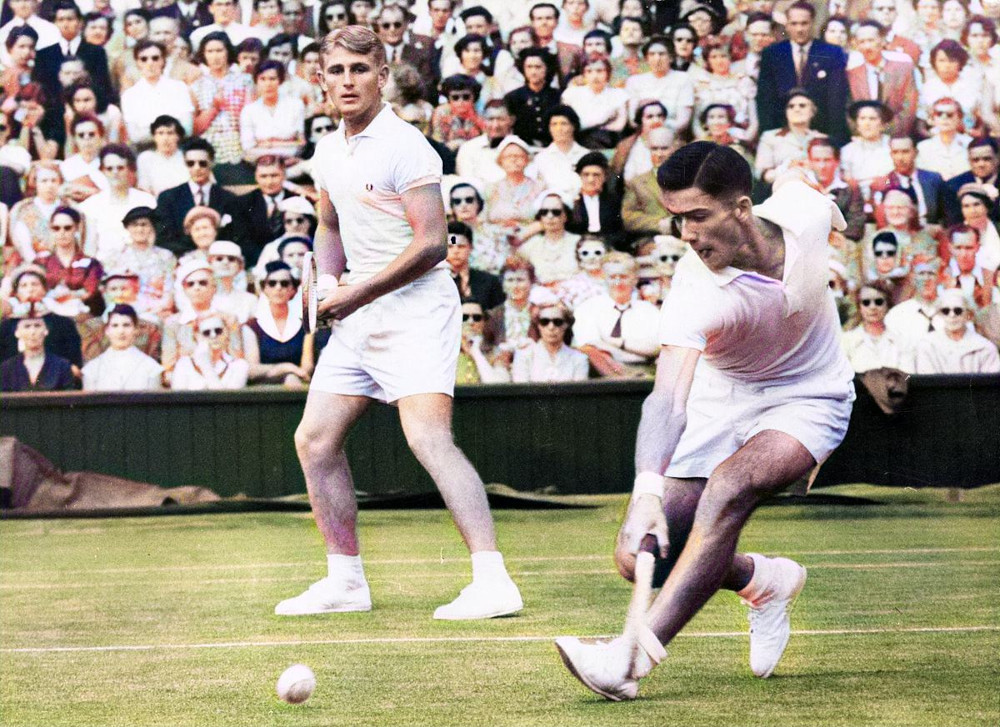 Rosewall (right) and Hoad playing doubles at the Wimbledon Championships in the 1950s