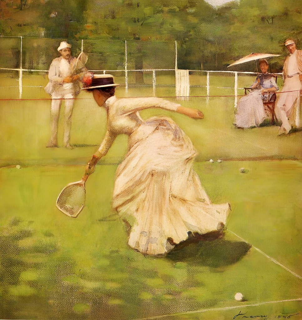"A Rally" painting by Sir John Lavery, Irish artist (1885); shows woman playing tennis with vigor, despite fashionable Victorian clothing.