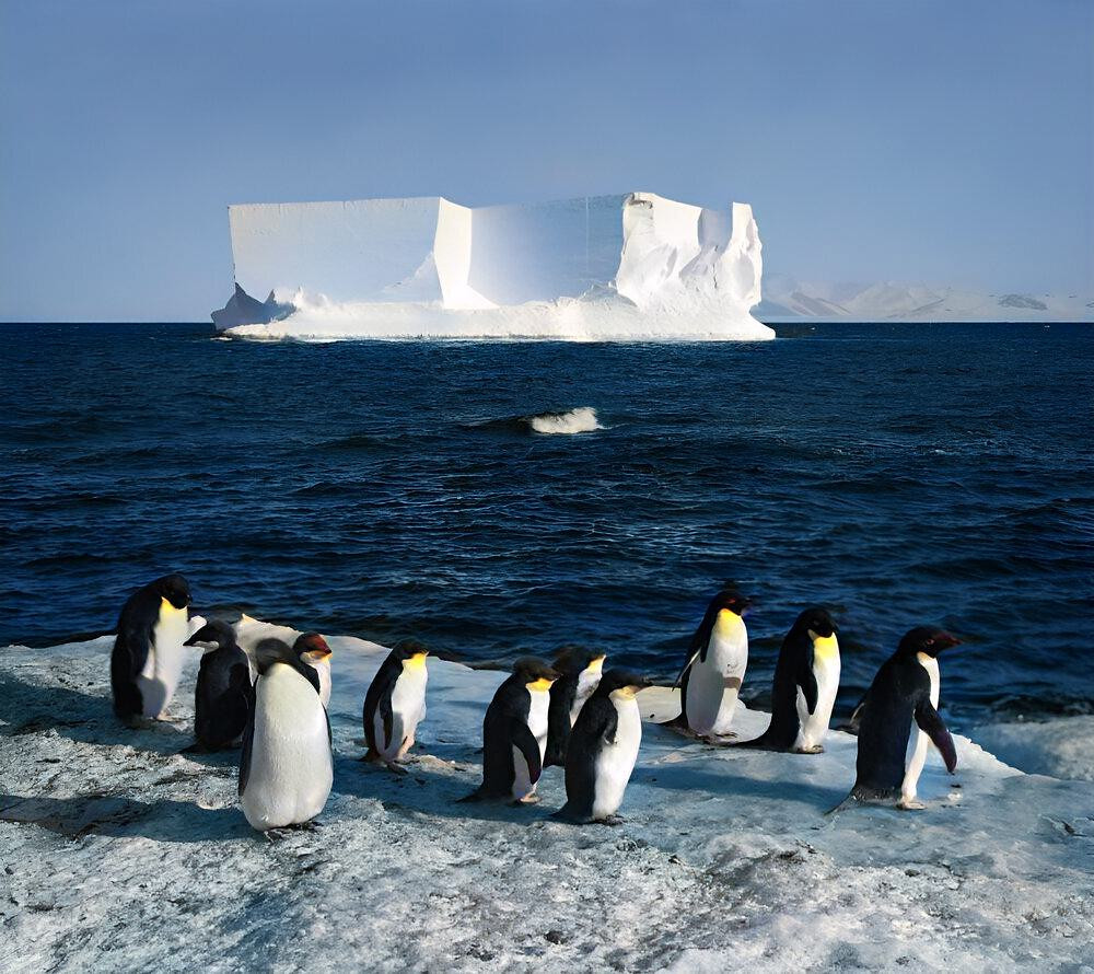 Penguins and a berg at Cape Royds, Scott Expedition, Antarctica