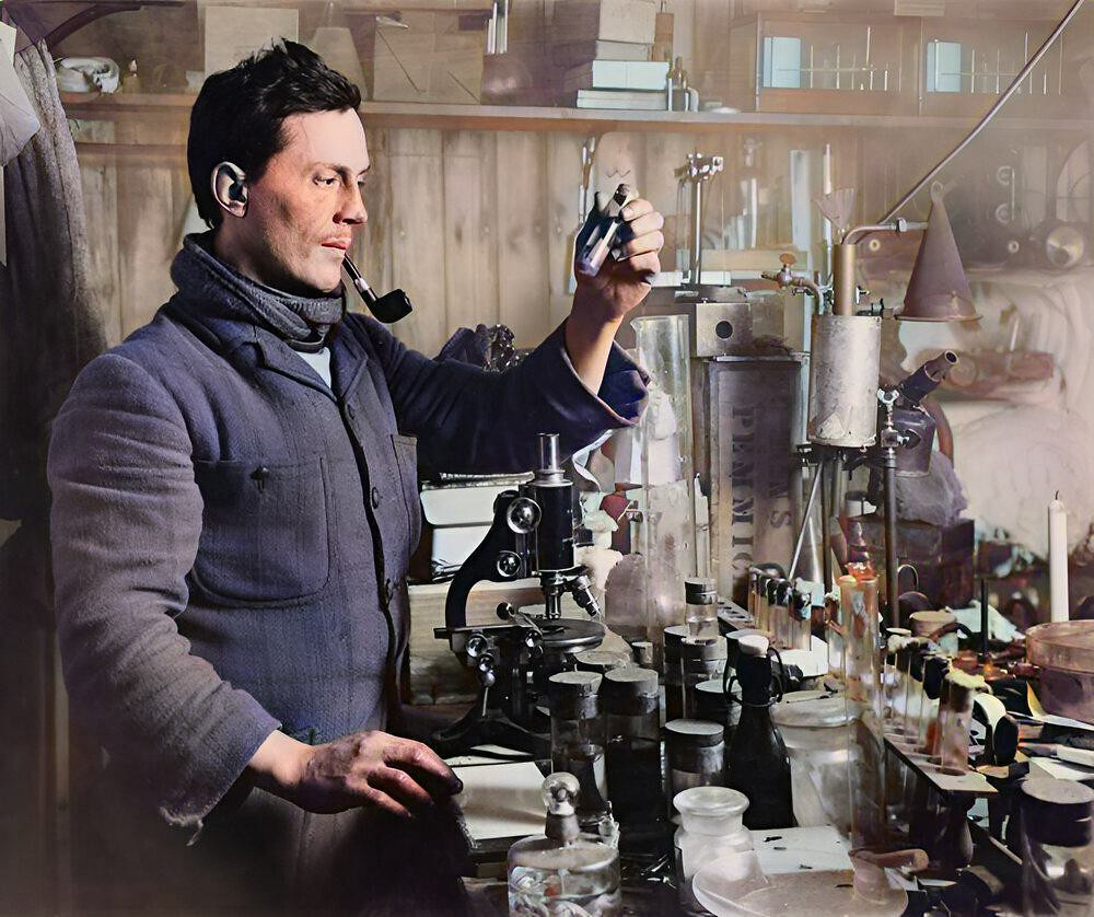 Dr Edward Atkinson in his lab, during the Terra Nova Expedition 1910-1913 under command of Robert Falcon Scott